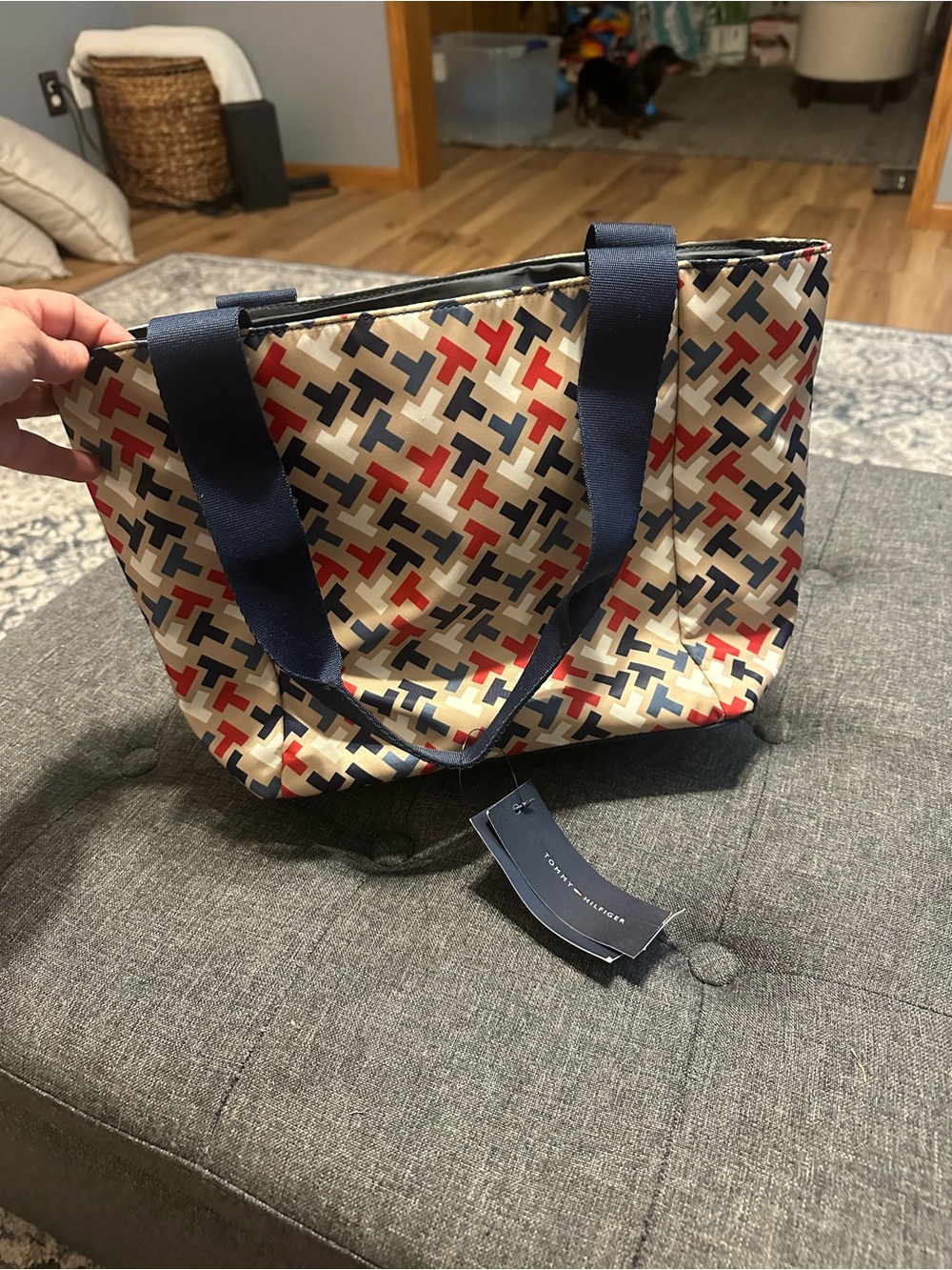 NWT Tommy Hilfiger Cream Geometric Canvas Tote with Navy Straps